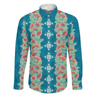 Hawaii Ohia Lehua Family Matching Off Shoulder Maxi Dress and Hawaiian Shirt Tropical Vibes Teal LT05 Dad's Shirt - Long Sleeve Teal - Polynesian Pride