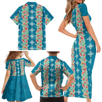 Hawaii Ohia Lehua Family Matching Short Sleeve Bodycon Dress and Hawaiian Shirt Tropical Vibes Teal LT05 - Polynesian Pride