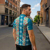 Hawaii Ohia Lehua Zipper Polo Shirt Tropical Vibes Teal