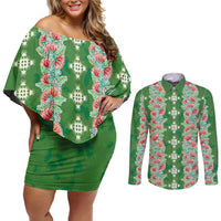 Hawaii Ohia Lehua Couples Matching Off Shoulder Short Dress and Long Sleeve Button Shirt Tropical Vibes Green LT05 Green - Polynesian Pride