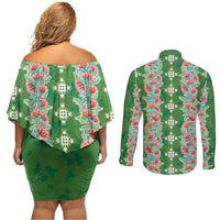 Hawaii Ohia Lehua Couples Matching Off Shoulder Short Dress and Long Sleeve Button Shirt Tropical Vibes Green LT05 - Polynesian Pride