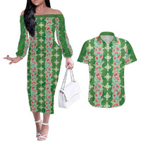Hawaii Ohia Lehua Couples Matching Off The Shoulder Long Sleeve Dress and Hawaiian Shirt Tropical Vibes Green LT05 Green - Polynesian Pride