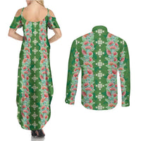 Hawaii Ohia Lehua Couples Matching Summer Maxi Dress and Long Sleeve Button Shirt Tropical Vibes Green LT05 - Polynesian Pride
