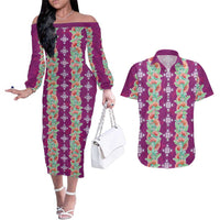 Hawaii Ohia Lehua Couples Matching Off The Shoulder Long Sleeve Dress and Hawaiian Shirt Tropical Vibes Fuchsia LT05 Fuchsia - Polynesian Pride