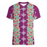 Hawaii Ohia Lehua Women V-Neck T-Shirt Tropical Vibes Fuchsia LT05 Female Fuchsia - Polynesian Pride