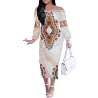 Africa Dashiki Family Matching Off Shoulder Long Sleeve Dress and Hawaiian Shirt With Polynesian Pattern Beige Version LT05 Mom's Dress Beige - Polynesian Pride