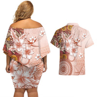 Tonga Ngatu Pattern With Light Tabasco Hibiscus Couples Matching Off Shoulder Short Dress and Hawaiian Shirt Oil Painting Style LT05 - Polynesian Pride