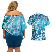 Polynesia World Ocean Day Couples Matching Off Shoulder Short Dress and Hawaiian Shirt Ocean Style