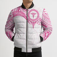Personalised New Zealand Aotearoa Bomber Puffer Jacket Nurse Tribal Pink Version