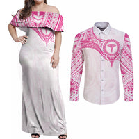 Personalised New Zealand Aotearoa Couples Matching Off Shoulder Maxi Dress and Long Sleeve Button Shirt Nurse Tribal Pink Version LT05 Pink - Polynesian Pride