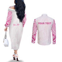 Personalised New Zealand Aotearoa Couples Matching Off The Shoulder Long Sleeve Dress and Long Sleeve Button Shirt Nurse Tribal Pink Version LT05 - Polynesian Pride