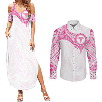 Personalised New Zealand Aotearoa Couples Matching Summer Maxi Dress and Long Sleeve Button Shirt Nurse Tribal Pink Version LT05 Pink - Polynesian Pride