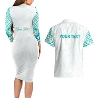 Personalised New Zealand Aotearoa Couples Matching Long Sleeve Bodycon Dress and Hawaiian Shirt Nurse Tribal Teal Version LT05 - Polynesian Pride