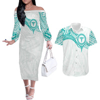 Personalised New Zealand Aotearoa Couples Matching Off The Shoulder Long Sleeve Dress and Hawaiian Shirt Nurse Tribal Teal Version LT05 Teal - Polynesian Pride