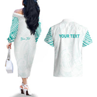 Personalised New Zealand Aotearoa Couples Matching Off The Shoulder Long Sleeve Dress and Hawaiian Shirt Nurse Tribal Teal Version LT05 - Polynesian Pride