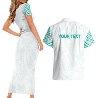 Personalised New Zealand Aotearoa Couples Matching Short Sleeve Bodycon Dress and Hawaiian Shirt Nurse Tribal Teal Version LT05 - Polynesian Pride