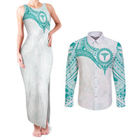 Personalised New Zealand Aotearoa Couples Matching Tank Maxi Dress and Long Sleeve Button Shirt Nurse Tribal Teal Version LT05 Teal - Polynesian Pride