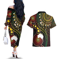 Vanuatu And Australia Aboriginal Couples Matching Off The Shoulder Long Sleeve Dress and Hawaiian Shirt Iguana And Kangaroo Together LT05 - Polynesian Pride