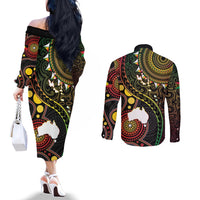 Vanuatu And Australia Aboriginal Couples Matching Off The Shoulder Long Sleeve Dress and Long Sleeve Button Shirt Iguana And Kangaroo Together LT05 - Polynesian Pride