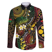 Vanuatu And Australia Aboriginal Family Matching Puletasi and Hawaiian Shirt Iguana And Kangaroo Together LT05 Dad's Shirt - Long Sleeve Black - Polynesian Pride
