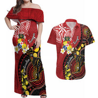 Tonga Ngatu And Australia Aboriginal Couples Matching Off Shoulder Maxi Dress and Hawaiian Shirt Tongan Dove And Kangaroo Together LT05 Red - Polynesian Pride