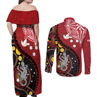 Tonga Ngatu And Australia Aboriginal Couples Matching Off Shoulder Maxi Dress and Long Sleeve Button Shirt Tongan Dove And Kangaroo Together LT05 - Polynesian Pride