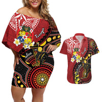 Tonga Ngatu And Australia Aboriginal Couples Matching Off Shoulder Short Dress and Hawaiian Shirt Tongan Dove And Kangaroo Together LT05 Red - Polynesian Pride