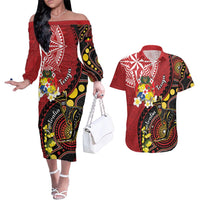 Tonga Ngatu And Australia Aboriginal Couples Matching Off The Shoulder Long Sleeve Dress and Hawaiian Shirt Tongan Dove And Kangaroo Together LT05 Red - Polynesian Pride