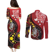 Tonga Ngatu And Australia Aboriginal Couples Matching Puletasi and Long Sleeve Button Shirt Tongan Dove And Kangaroo Together LT05 - Polynesian Pride