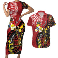 Tonga Ngatu And Australia Aboriginal Couples Matching Short Sleeve Bodycon Dress and Hawaiian Shirt Tongan Dove And Kangaroo Together LT05 Red - Polynesian Pride