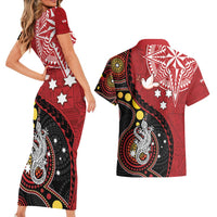Tonga Ngatu And Australia Aboriginal Couples Matching Short Sleeve Bodycon Dress and Hawaiian Shirt Tongan Dove And Kangaroo Together LT05 - Polynesian Pride
