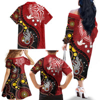 Tonga Ngatu And Australia Aboriginal Family Matching Off The Shoulder Long Sleeve Dress and Hawaiian Shirt Tongan Dove And Kangaroo Together LT05 - Polynesian Pride