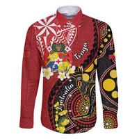 Tonga Ngatu And Australia Aboriginal Family Matching Summer Maxi Dress and Hawaiian Shirt Tongan Dove And Kangaroo Together LT05 Dad's Shirt - Long Sleeve Red - Polynesian Pride