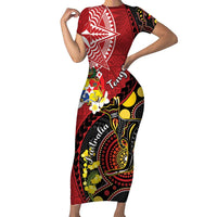 Tonga Ngatu And Australia Aboriginal Short Sleeve Bodycon Dress Tongan Dove And Kangaroo Together LT05 Long Dress Red - Polynesian Pride
