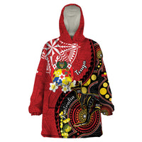 Tonga Ngatu And Australia Aboriginal Wearable Blanket Hoodie Tongan Dove And Kangaroo Together LT05 One Size Red - Polynesian Pride