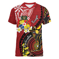 Tonga Ngatu And Australia Aboriginal Women V-Neck T-Shirt Tongan Dove And Kangaroo Together LT05 Female Red - Polynesian Pride