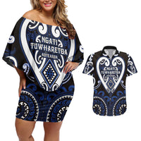 Custom Aotearoa Ngati Tuwharetoa Couples Matching Off Shoulder Short Dress and Hawaiian Shirt Maori Tribal Pattern LT05 Navy - Polynesian Pride