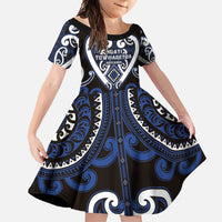 Custom Aotearoa Ngati Tuwharetoa Family Matching Off Shoulder Maxi Dress and Hawaiian Shirt Maori Tribal Pattern LT05 Daughter's Dress Navy - Polynesian Pride