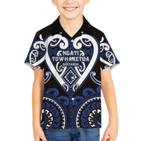 Custom Aotearoa Ngati Tuwharetoa Family Matching Off Shoulder Maxi Dress and Hawaiian Shirt Maori Tribal Pattern LT05 Son's Shirt Navy - Polynesian Pride
