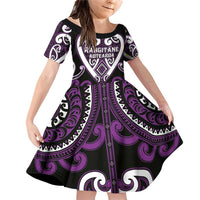 Custom Aotearoa Rangitane Family Matching Off Shoulder Short Dress and Hawaiian Shirt Maori Tribal Pattern LT05 Daughter's Dress Purple - Polynesian Pride