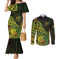 Personalised Fiji Lovoni Day Couples Matching Mermaid Dress and Long Sleeve Button Shirt 154th Years LT05 Reggae - Polynesian Pride