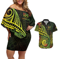 Personalised Fiji Lovoni Day Couples Matching Off Shoulder Short Dress and Hawaiian Shirt 154th Years LT05 Reggae - Polynesian Pride