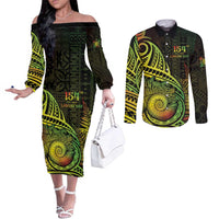 Personalised Fiji Lovoni Day Couples Matching Off The Shoulder Long Sleeve Dress and Long Sleeve Button Shirt 154th Years LT05 Reggae - Polynesian Pride