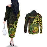 Personalised Fiji Lovoni Day Couples Matching Off The Shoulder Long Sleeve Dress and Long Sleeve Button Shirt 154th Years LT05 - Polynesian Pride