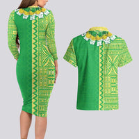 Fiji Lovoni Couples Matching Long Sleeve Bodycon Dress and Hawaiian Shirt Fijian Tapa Salusalu Green Glitter LT05 - Polynesian Pride