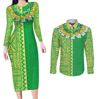 Fiji Lovoni Couples Matching Long Sleeve Bodycon Dress and Long Sleeve Button Shirt Fijian Tapa Salusalu Green Glitter LT05 Green - Polynesian Pride