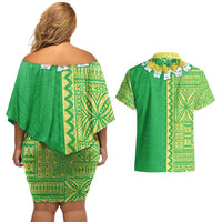 Fiji Lovoni Couples Matching Off Shoulder Short Dress and Hawaiian Shirt Fijian Tapa Salusalu Green Glitter LT05 - Polynesian Pride