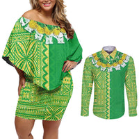 Fiji Lovoni Couples Matching Off Shoulder Short Dress and Long Sleeve Button Shirt Fijian Tapa Salusalu Green Glitter LT05 Green - Polynesian Pride