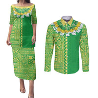 Fiji Lovoni Couples Matching Puletasi and Long Sleeve Button Shirt Fijian Tapa Salusalu Green Glitter LT05 Green - Polynesian Pride