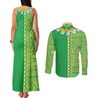 Fiji Lovoni Couples Matching Tank Maxi Dress and Long Sleeve Button Shirt Fijian Tapa Salusalu Green Glitter LT05 - Polynesian Pride